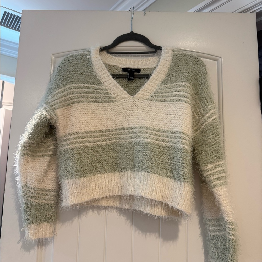 Forever 21 Green and Cream V-Neck Sweater